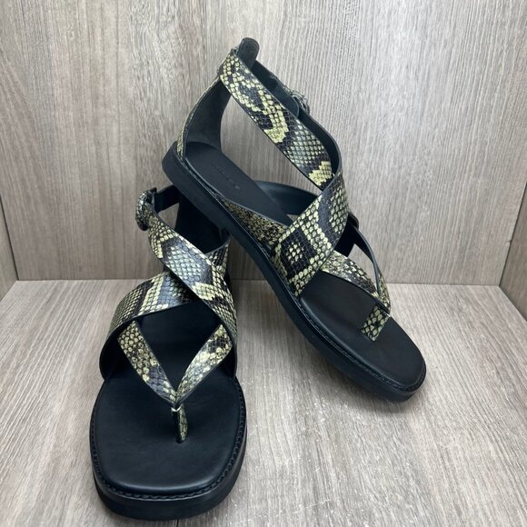 Vince Morris Strappy Flat Sandals 10M Snake Skin Ankle Strap Leather Green Black - Picture 7 of 14